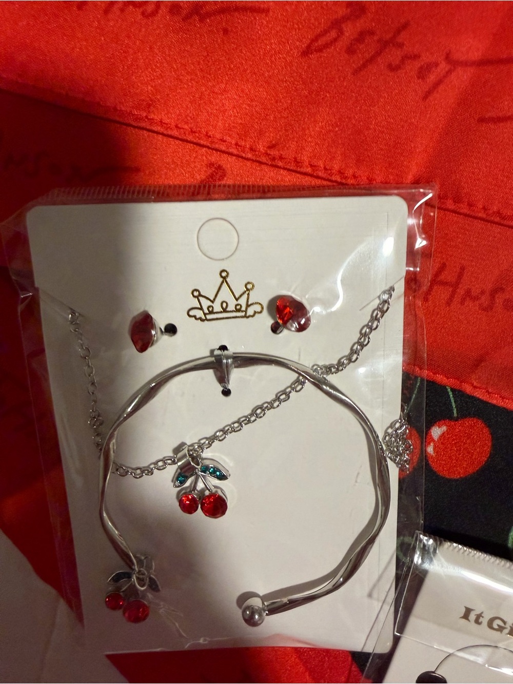 Betsey Johnson Cherry-Themed Scarf & Accessory Gift Bundle - Picture 8 of 11